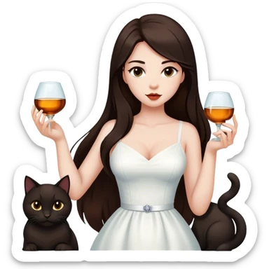 Beautiful woman in 1950’s woman fashion look, white dress, long dark brown hair, whisky with ice, black cat sticker