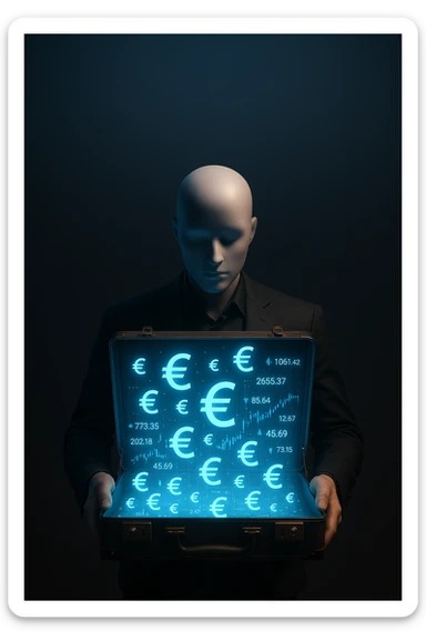 Faceless mannequin holding an open glowing briefcase filled with holographic euro signs and digital stock tickers. Large empty gradient background above for text. Strong cinematic lighting. sticker