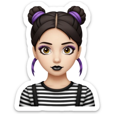 generate a pretty fair bratz girl with dark brown eyes. Dark brown hair straight hair with coloured highlights tied into buns.  eyeliner. black lipstick. Wearing a white and black striped top sticker