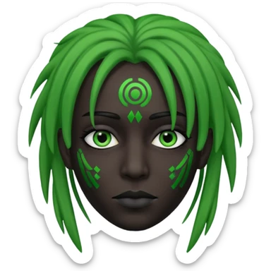 black joker face with green dreadlocks, digital binary accents, some white makeup sticker