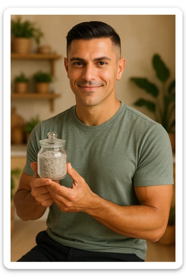 A man in his thirties with a healthy and aware appearance, holding a small glass container with moist gray Celtic salt. He has a proud look and a slight smile, showing the salt as a precious element for health. The background is a natural kitchen or holistic environment with warm natural light, creating a wellness atmosphere. Realistic detail of the salt crystals. Inspired by the face in the reference photo. sticker