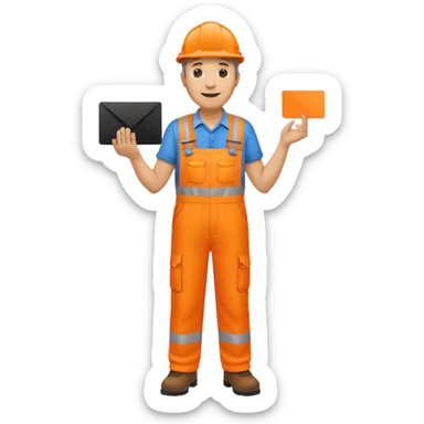 mature engineer hi-vis orange overalls standing full body holding a card sticker