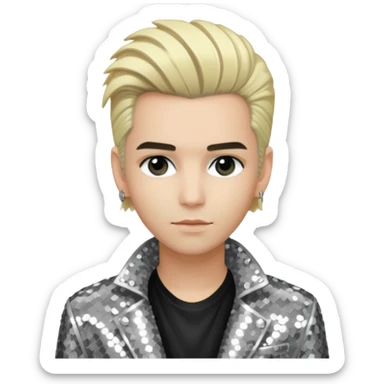  Bill Kaulitz from Tokio Hotel with blonde hair, silver sequin jacket, black shirt sticker