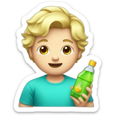 Chubby blonde boy in a cyan shirt holding cookingoil sticker
