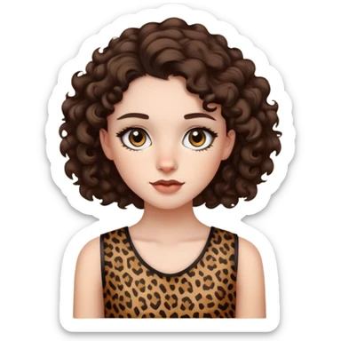 pale girl with dark brown eyes and curly dark brown hair with leopard print sleeveless shirt  sticker