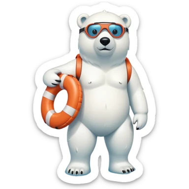 full body friendly anthropomorphised polar bear wearing swim suit and scuba goggles holding life buoy standing in puddle sticker