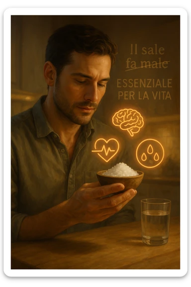 A realistic, cinematic illustration of a man in his early 30s holding a small bowl of unrefined sea salt in his hand, looking at it with awareness and respect. Around him, glowing minimalistic symbols of a beating heart, a brain, and hydrated cells appear, indicating the essential role of sodium in hydration, nerve conduction, and overall cellular health. In the background, faint text or floating words show the false myths: ‘Il sale fa male’, crossed out gently, while the phrase ‘Essenziale per la vita’ glows softly. The setting is a warm, softly lit kitchen with a glass of water nearby, emphasizing balance. The color palette is warm, natural, and calming, emphasizing that salt, when used consciously, is vital for human health, against common misconceptions demonizing it. sticker