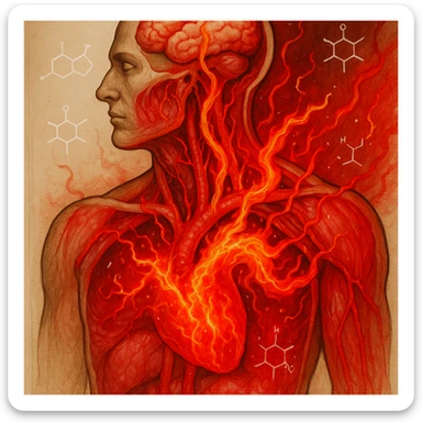 surreal anatomical section of a human body showing oxidized omega-6 fatty acids flowing through arteries like fire or acid, inflaming tissues; hexane molecules floating like chemical ghosts; strong exterior but visibly red and inflamed interior; medical illustration with bright red tones to highlight inflammation sticker