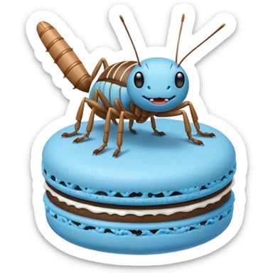 A cartoon cricket on a blue macaron with white frosting to be an icon image sticker