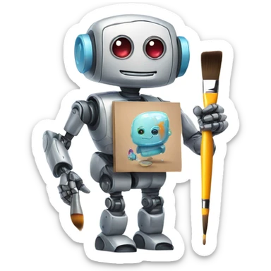 cute robot holds a palette with paints and a brush sticker