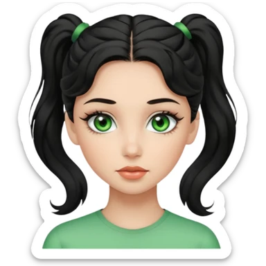 a girl with green eyes, black wavy hair in a ponytail, clean girl makeup sticker