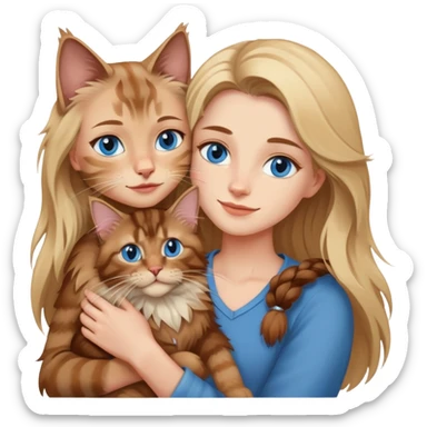 A blonde blue eyed woman holds a brown Maine Coon cat in her arms sticker