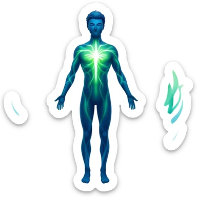 Masculine silhouette formed by radiating ethereal energy waves, abstract flowing aura in shape of man, minimalist sticker