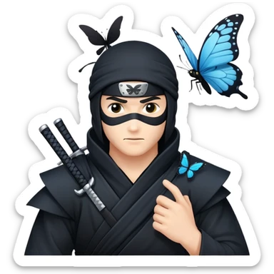 Crea una imagen con estos dos emoji 🥷🏻🦋
él ninja de piel blanca con la mariposa posada en el hombro como si estuviera volando. sticker