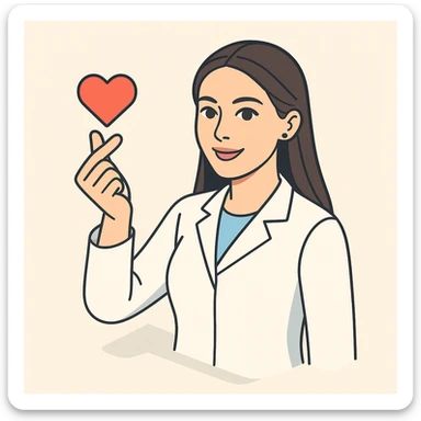A 2D isometric style illustration of a female doctor with dark long straight hair and detailed brown eyes (not just dots), wearing a white coat. She is smiling and reaching into the frame with a heart gesture. Minimalist background. The appearance matches the reference image. sticker