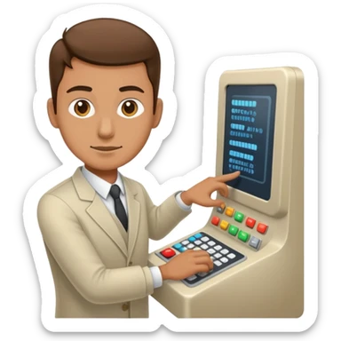 Programmer at a control panel pressing buttons sticker