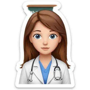 inside a classroom at university that says nursing school on the board with a pretty female nursing student with long brown hair, blue eyes sticker