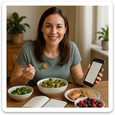 hyper realistic woman following a personalized diet based on her tastes and organizational commitments, healthy and satisfied appearance, positive atmosphere, realistic details, scene with varied food and visible agenda or smartphone sticker