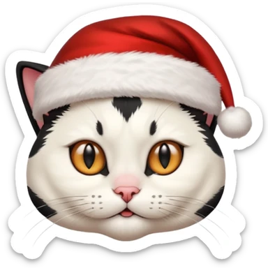 white and black cat face wearing a santa hat sticker