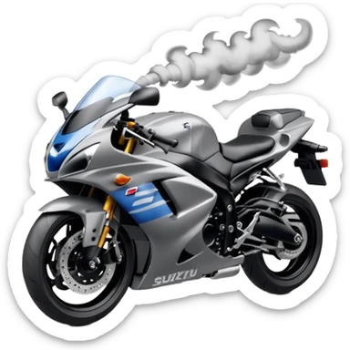 the word 'Sakqu' formed from wisps of smoke, floating above a realistic Suzuki GSXR 1000 motorcycle, emoji style sticker