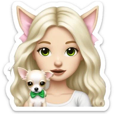pale blonde girl with long platinum white wavy hair with bright green eyes and wearing a light pink hair bow holding a black and white long haired chihuahua puppy also wearing a hair bow sticker
