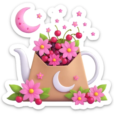 a tea bag with pink flowers, cherries, and a moon and stars, light blue background sticker