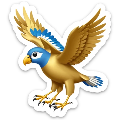 Un petit oiseau mécanique doré avec des ailes délicates et des rouages visibles. Il porte des parchemins enroulés attachés à ses pattes fines, survolant une ville en contrebas. sticker