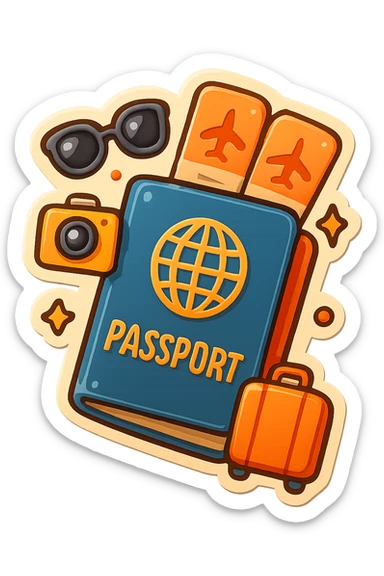 playful retro sticker-style illustration of a passport with two airline tickets sticking out, surrounded by small travel icons like camera, sunglasses, suitcase, bold outlines, smooth forms, glossy expressive highlights sticker