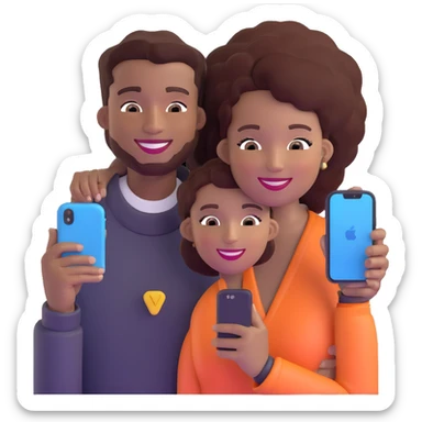 Afro-Caribbean woman smiling, holding iPhone, sending footage to a Black man with a skin fade, both smiling sticker