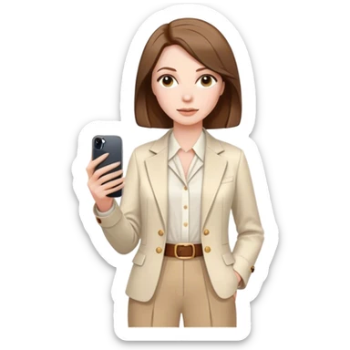 pale skin woman with brown Straightened bob Hair, White Spacious classical jacket, beige palazzo Arrow pants and brown blouse holding white IPhone 15 pro in the hands sticker