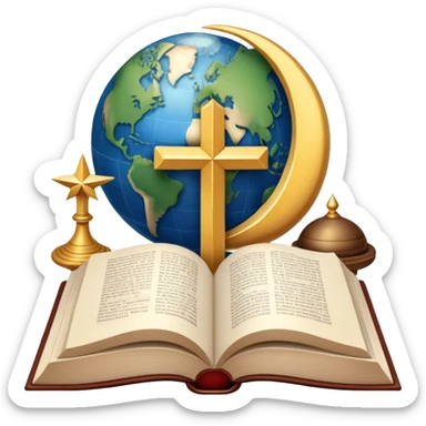 An icon featuring religious symbols like a cross, crescent moon, and star, alongside an open book, symbolizing the study of religion. The design includes a globe and a temple in the background, representing global faith traditions and spiritual exploration. Transparent background sticker