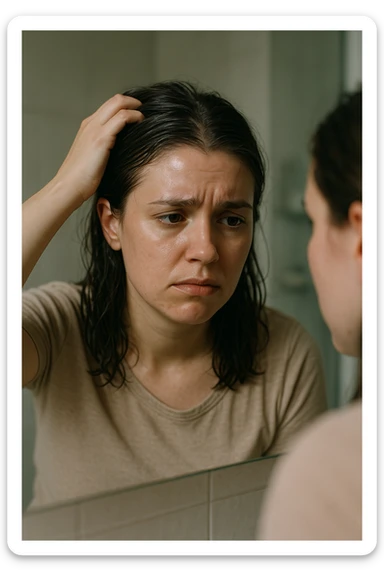 A realistic, cinematic portrait of a young woman in her late 20s sitting in front of a mirror, visibly frustrated. Her skin appears oily with a shiny forehead and cheeks, while her dark hair looks greasy and clumped, suggesting excessive sebum production. She lightly touches her scalp with concern while observing her reflection. Her expression is a mix of exhaustion and discomfort, emphasizing the emotional burden of these symptoms. The bathroom setting is softly lit with neutral daylight, reflecting a realistic environment. Subtle details such as small acne spots on the jawline and chin highlight androgen-related PCOS symptoms. Style: clean, detailed, 35mm realism with soft depth of field to keep focus on her expression and the greasy hair texture, while the background remains minimal to maintain emotional impact sticker