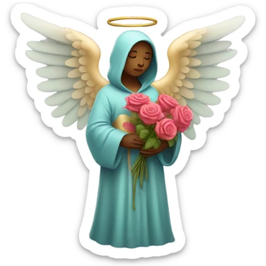 sad angel wearing colorful robes holding roses sticker