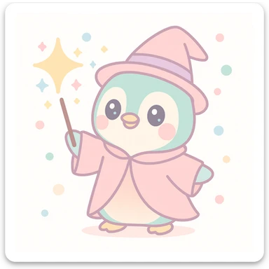 a cute penguin wizard casting a spell, wearing a robe and holding a wand, magical sparkles around sticker