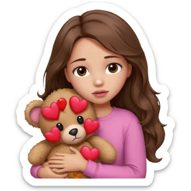 girl with long wavy brown hair, brown eyes, light to medium complexion, in a pink shirt, pink lips, long lashes, sad, hugging a teddy bear with a  heart sticker