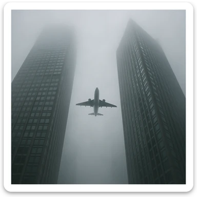 two skyscrapers and a plane that flyes to them, realism style, foggy sticker