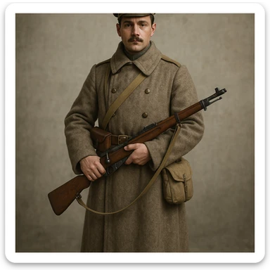 realistic style Russian soldier of World War I, greatcoat, rifle, forage cap, standing pose sticker
