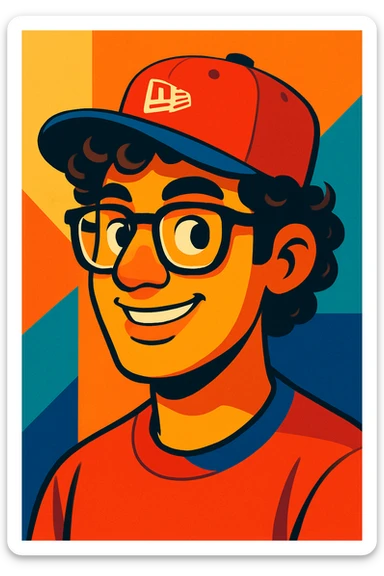 man with a New Era cap, curly hair, and glasses, realistic cartoon style sticker