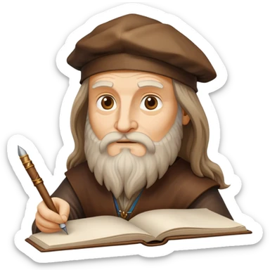cinematic-realistic-leonardo-da-vinci-portrait-emoji,-depicted-as-the-quintessential-renaissance-polymath-with-deep,-thoughtful-eyes,-a-flowing-beard,-and-a-quill-or-sketchbook-in-hand.-the-scene-is-illuminated-with-warm,-classical-light sticker