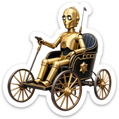 Old American West tarnished C-3PO policeman in 1864 delicately ornate rosegold accents painted buggy powered by electric motors and batteries with safety features and belts  sticker