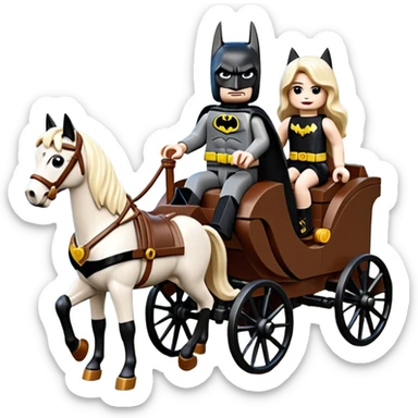  Ultra cute  Lego detailed 1854 Batman and pretty Catgirl driving a horse drawn family-size Caravan alone together on a romantic trail in the woods  sticker