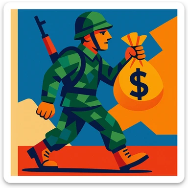 modern illustration of a soldier walking while holding a bag of money sticker