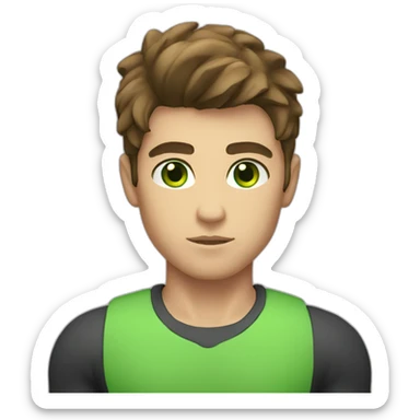 Boy, brown hair, green eyes, muscular body, serious face sticker
