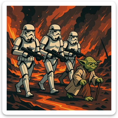vector art of a Starwars stormtroopers is walking on lava planet with yoda, battleground background

 sticker