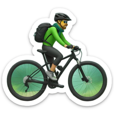 mountain biker without a backpack, with a green bicycle, with a scarf, hat and dark clothing, traveling at high speed sticker