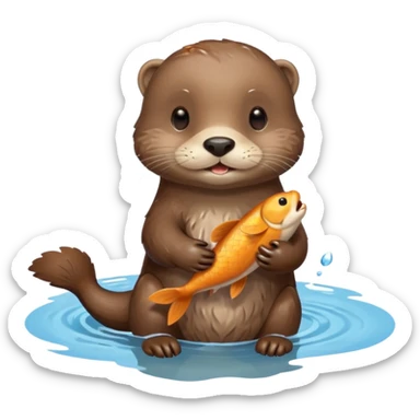 adorable otter floating on water, holding a fish sticker