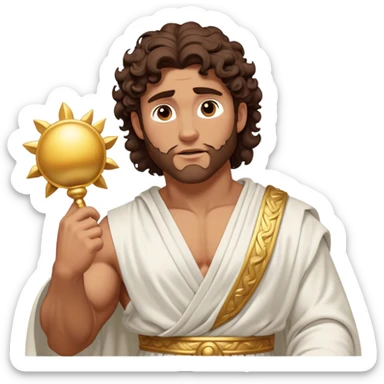 Cinematic Realistic Hercules Portrait, depicted as a classical Greek hero inspired by the Disney version yet echoing the refined proportions and serene dignity of Michelangelo's David. His idealized, sun-kissed tan skin glows with timeless strength, and his thick, curly wavy dark brownhair falls in natural, sculpted curls. Draped in a flowing white robe with delicate golden accents, his expressive eyes radiate determined nobility, all rendered under dynamic natural lighting with a mythic, radiant glow. sticker