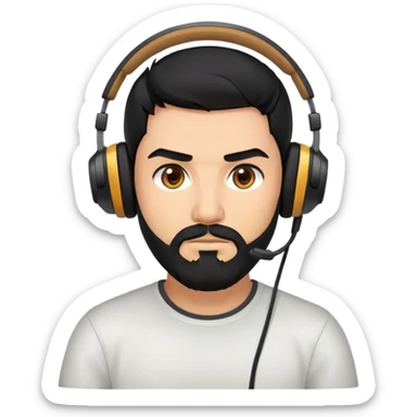 Serious gamer face with black hair, brown eyes, black beard, wearing gaming headset sticker