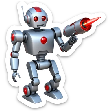 robot being hit with a red beam by a flying robot sticker