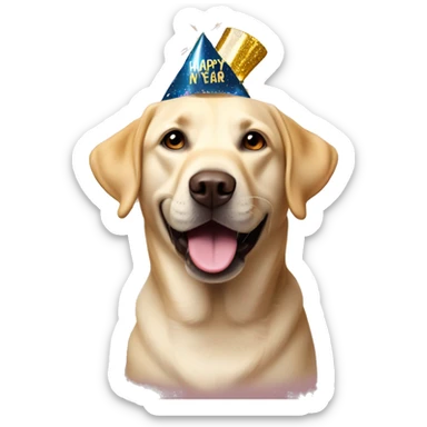 Labrador wearing new years eve Party hat with happy new year sticker